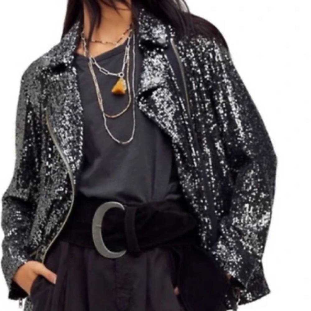 New! Free People Midnight Message Sequin Moto Jacket